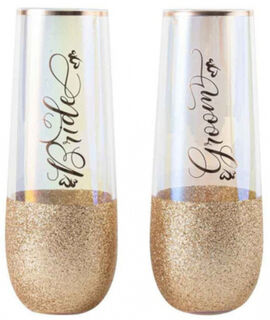 Bride and Groom Glitteratti Stemless Champagne Glasses