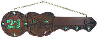 Wooden Maori Hand Carved 21st Key with Mask