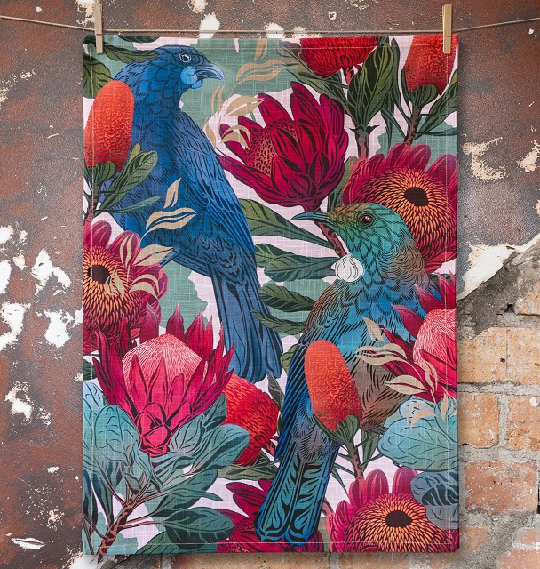 Flox Tea Towel Kokako and Tui