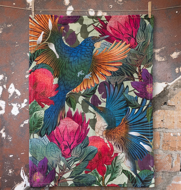 Flox Tea Towel Tui and Kingfisher