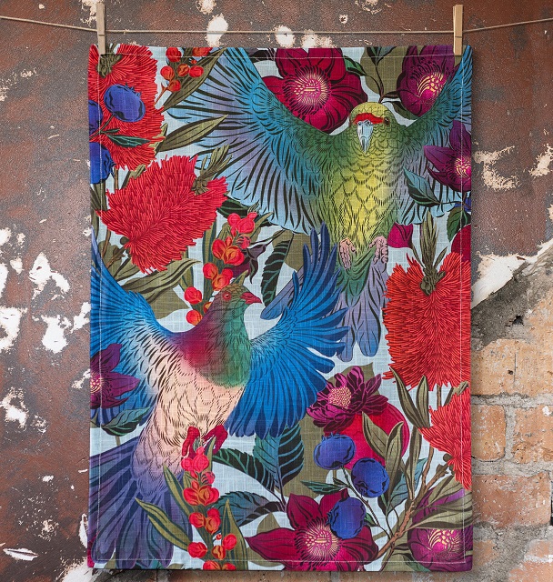 Flox Tea Towel Kereru and Kakariki